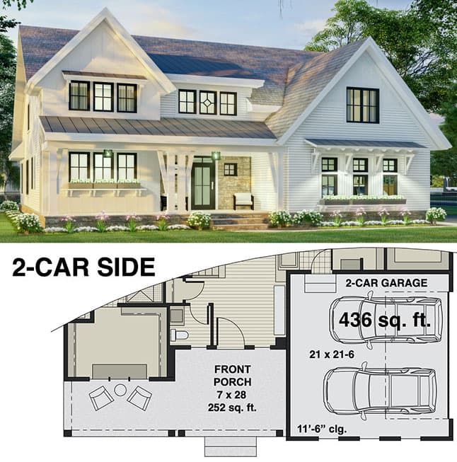 Plan 14699RK: 3-Bedroom Modern Farmhouse Plan with 2 or 3-Car Garage - 2657 Sq Ft - Floor Plan - 2-Car Side Garage Option - Country, Craftsman, Farmhouse, Modern Farmhouse, New American, Traditional