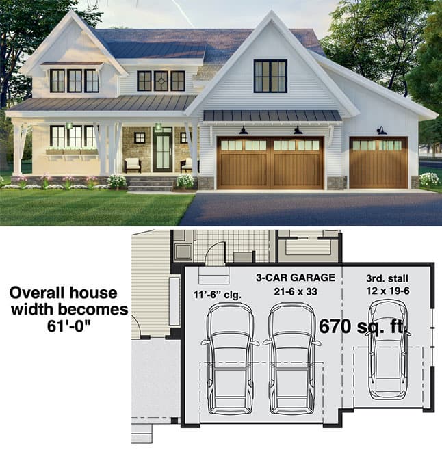 Plan 14699RK: 3-Bedroom Modern Farmhouse Plan with 2 or 3-Car Garage - 2657 Sq Ft - Floor Plan - 3-Car Front Garage Option - Country, Craftsman, Farmhouse, Modern Farmhouse, New American, Traditional