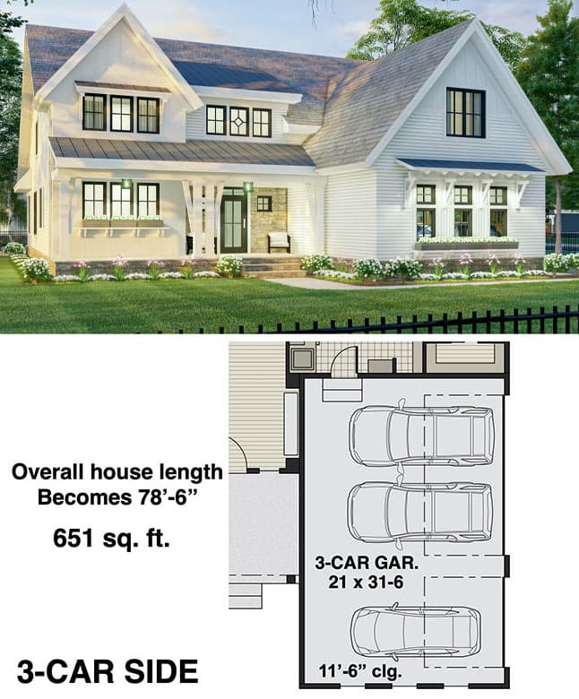 Plan 14699RK: 3-Bedroom Modern Farmhouse Plan with 2 or 3-Car Garage - 2657 Sq Ft - Floor Plan - 3-Car Side Garage Option - Country, Craftsman, Farmhouse, Modern Farmhouse, New American, Traditional
