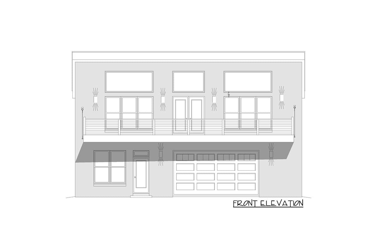 Front elevation drawing of a two-story house plan featuring a large garage, balcony, and numerous windows.