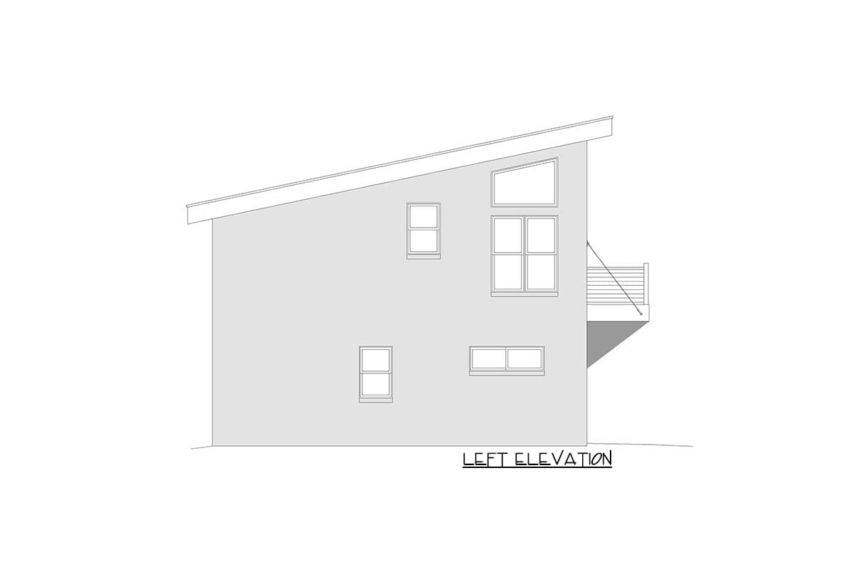 Left elevation of a house plan featuring a sloped roof, multiple windows, and a cantilevered balcony.