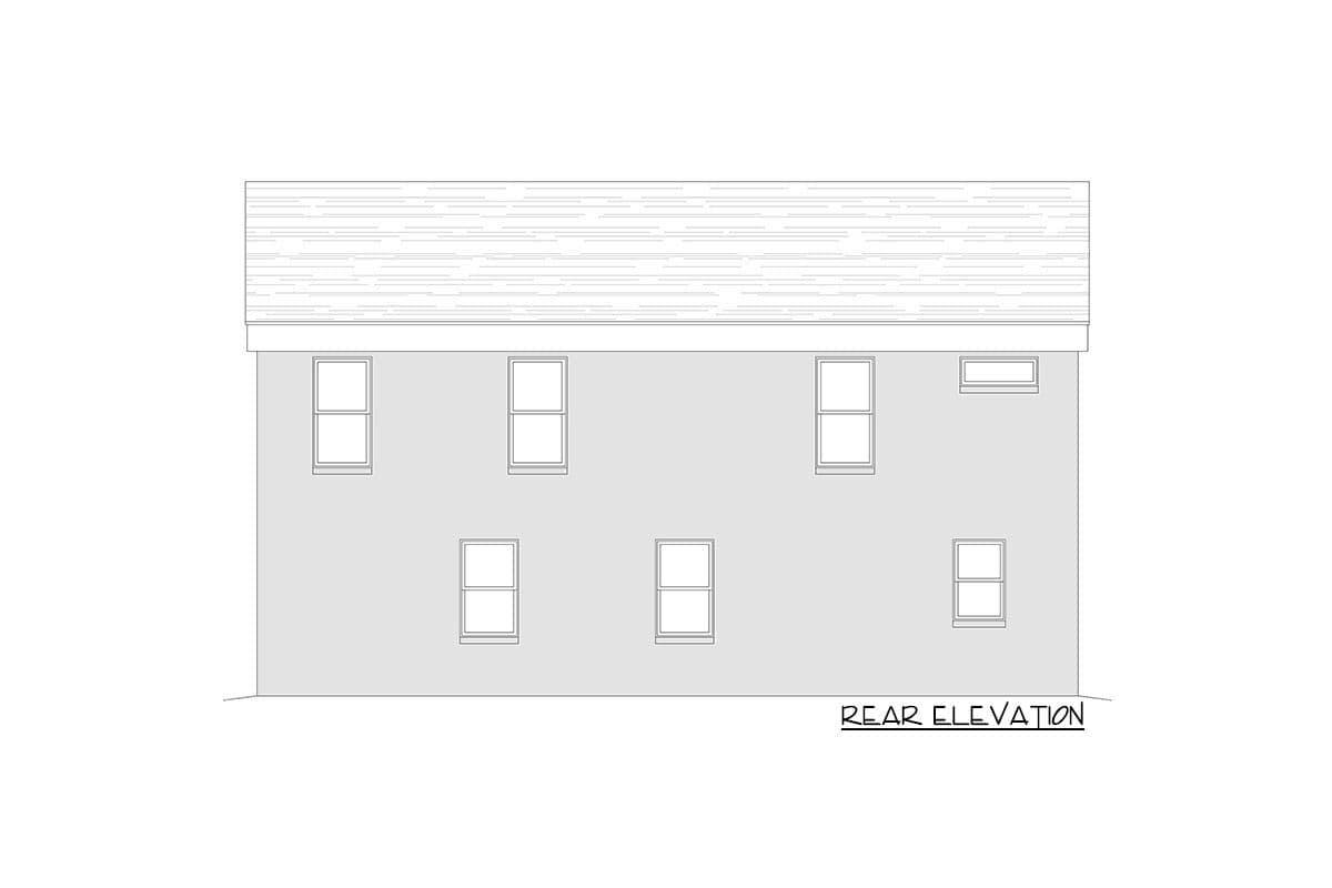 Rear elevation drawing of a two-story house plan with seven windows and a gabled roof.