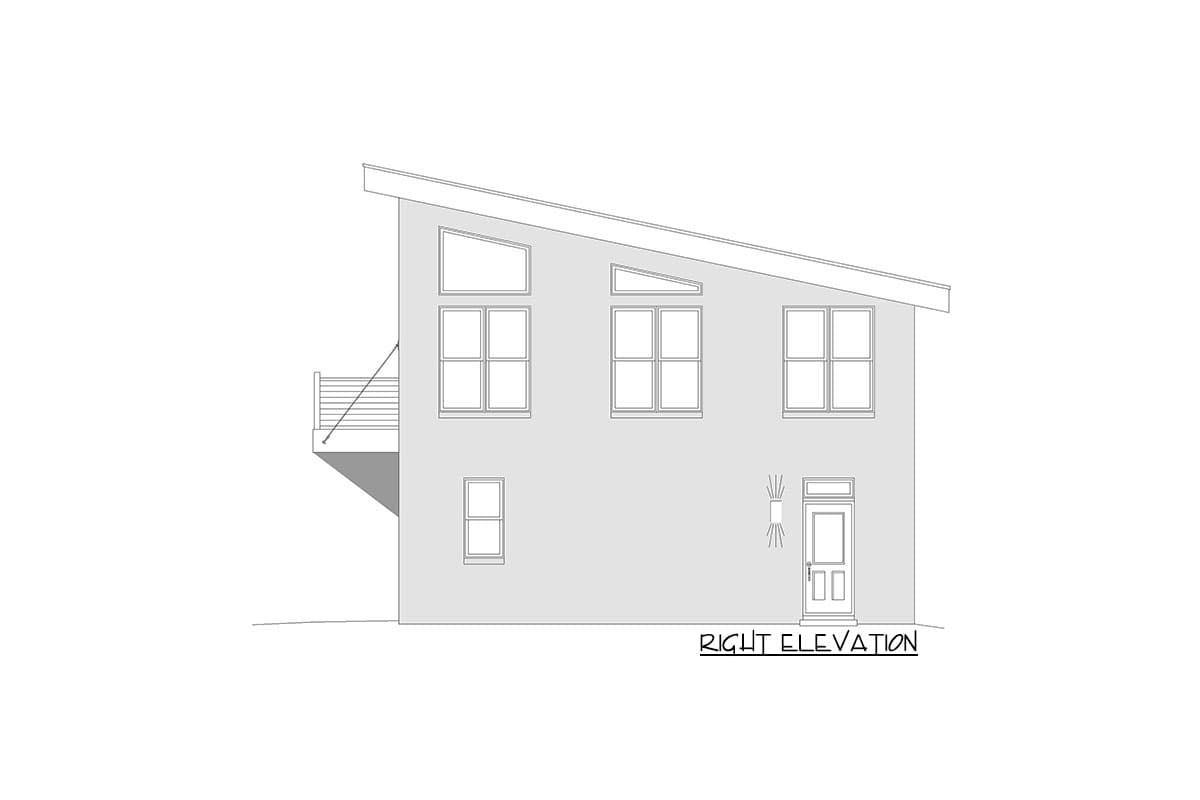 Modern house plan right elevation with sloped roof, multiple windows, balcony, and a single door.
