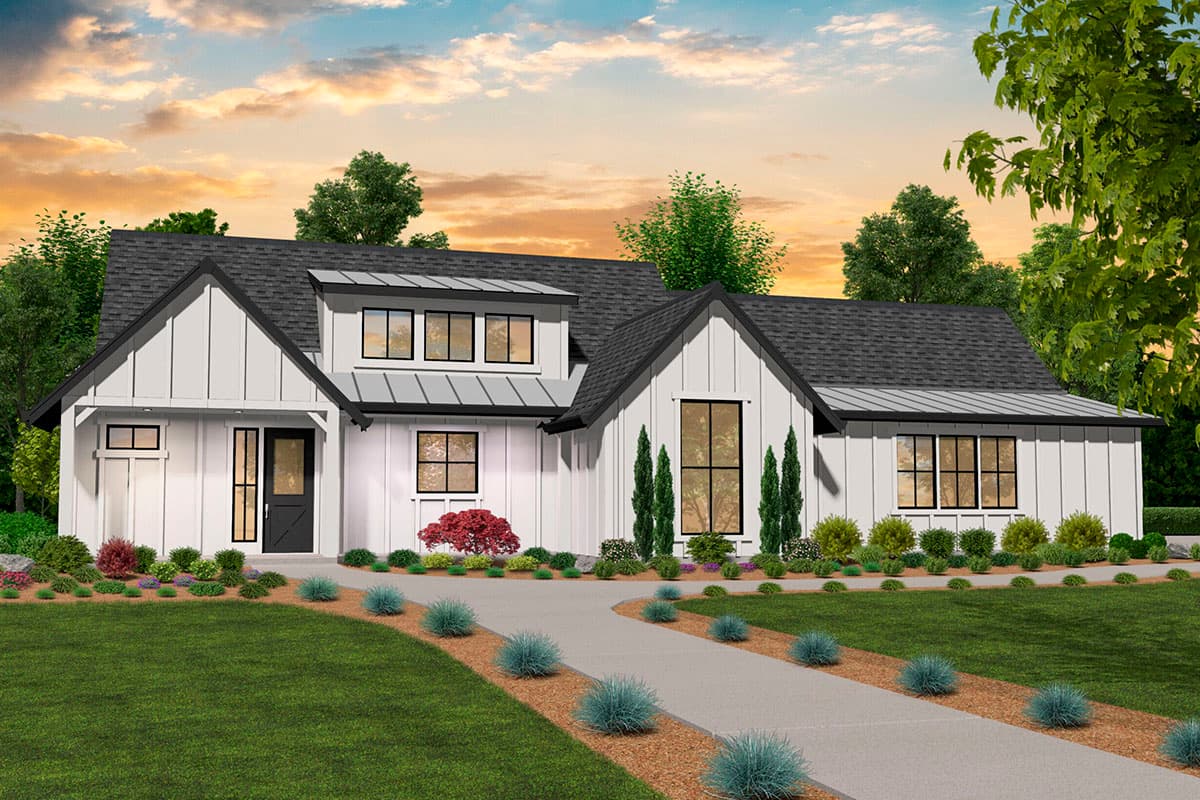 Modern Farmhouse house plan exterior with board-and-batten siding, prominent gables, and a metal roof dormer.