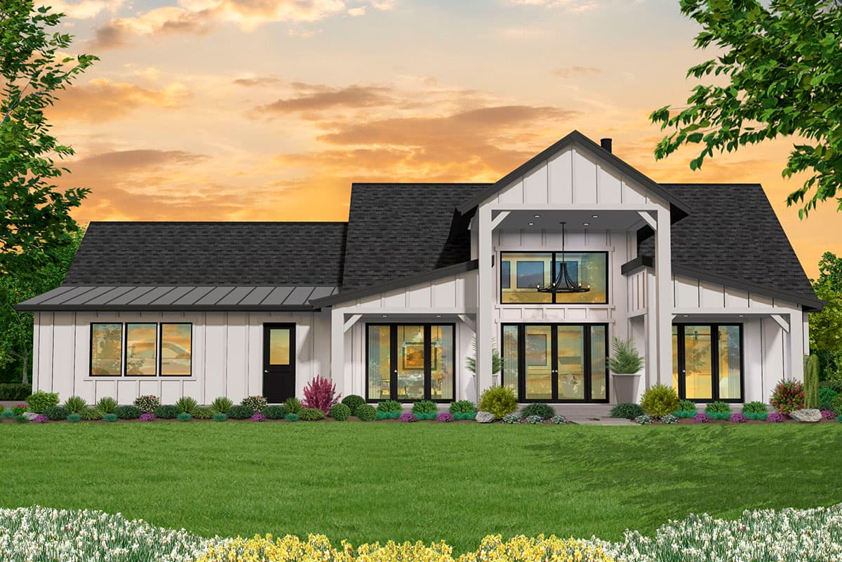 Modern Farmhouse house plan exterior with board-and-batten siding, gables, a covered porch, and large windows.