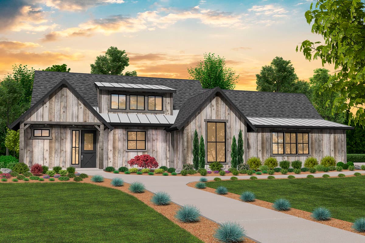 House plan exterior. Two-story Modern Farmhouse with board and batten siding, multiple gables, and shed-style roof over windows.