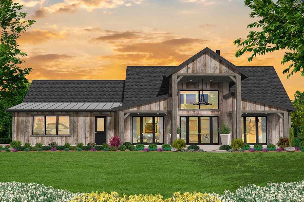 Modern Farmhouse house plan exterior with wood siding, gabled roof, covered entry, and large windows.