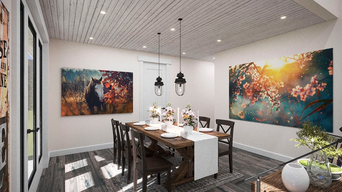 Dining room with wooden table, chairs, pendant lights, and large artwork above the table.
