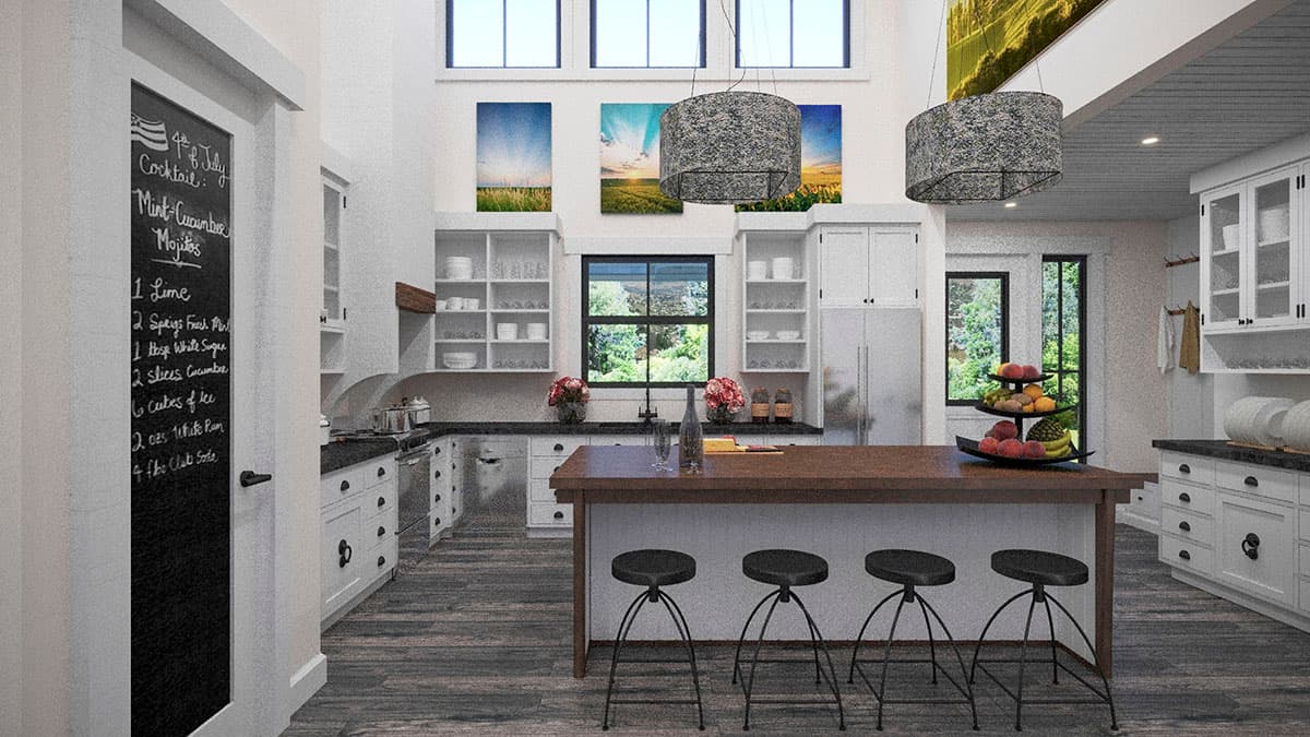 Contemporary kitchen with island, white cabinetry, stainless steel appliances, large sink, open shelves, and high ceilings with windows.