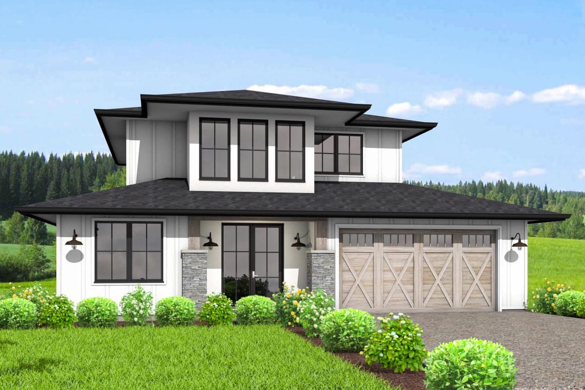 House plan exterior. Two-story modern farmhouse with black-framed windows, board-and-batten siding, and a two-car garage with a wood door.