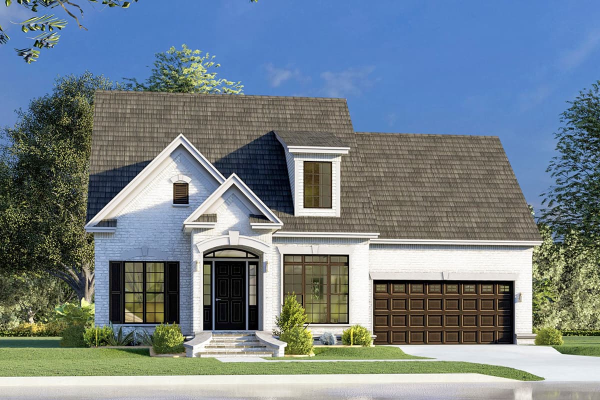 House plan exterior: Two-story home with a prominent gabled entry, dormer window, and attached side-entry garage.
