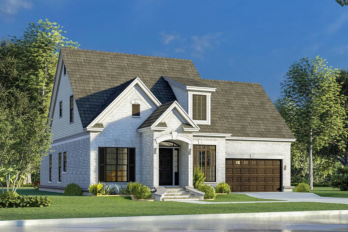 House plan exterior. Two-story home with brick exterior, gabled roof, dormer, and attached garage. Front entry with arched portico.