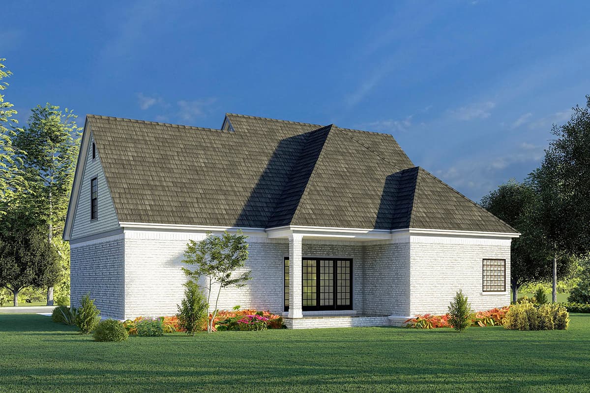 House plan exterior: One-story brick home with gabled roof, covered entry with columns, and a prominent gable with dormer.