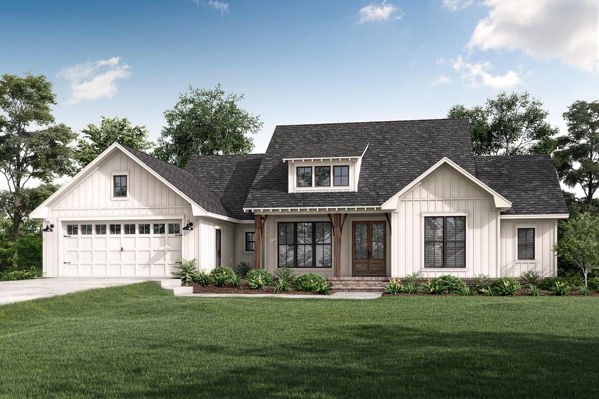 House plan exterior. Modern farmhouse-style home with multiple gables, dormer, front porch, and attached garage. Two stories.