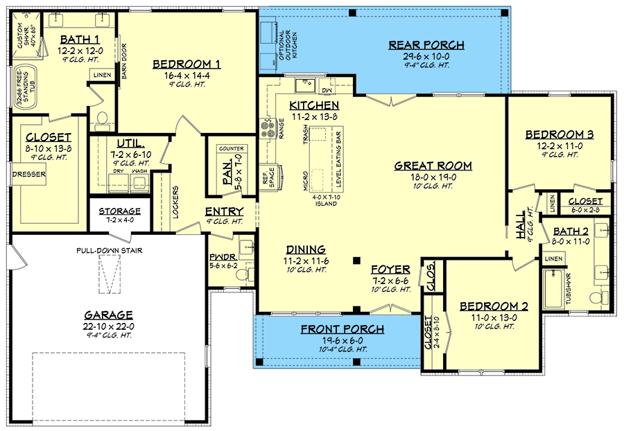 Plan 51854HZ: New American Farmhouse Plan with Attractive Shed Dormer Above Open Rafter Tail Porch - Floor Plan - Main Level - Country, Craftsman, Farmhouse, Modern Farmhouse, New American