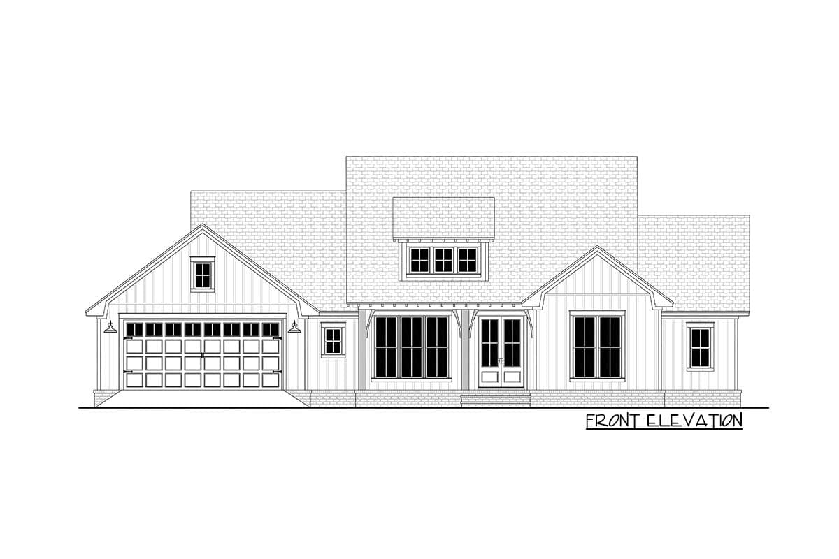 Front elevation of a Modern Farmhouse plan featuring a side-entry garage, prominent gables, and a dormer.