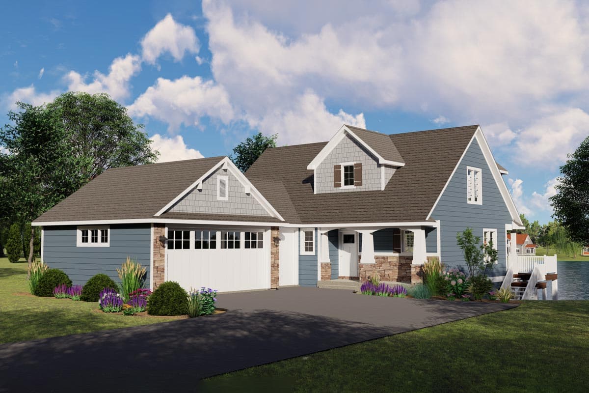 House plan exterior with Craftsman style. Features include a front-facing garage, dormers, and a covered porch. One story home with gables.
