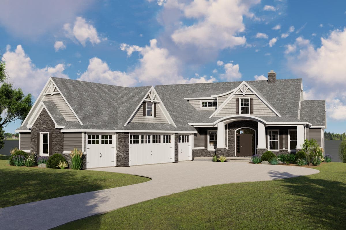 House plan exterior with Craftsman details. Features include gables, stone accents, and a front-entry arched portico. Three-car garage with dormers.