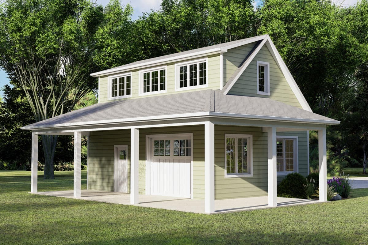 House plan exterior. Two-story with a gable roof, covered porch, and a dormer. Includes a garage with an overhead door.