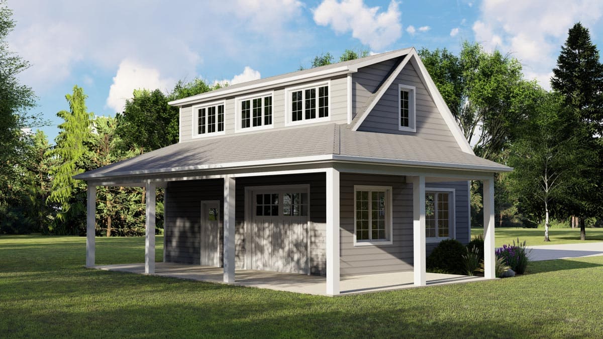 House plan exterior: Two-story home with wrap-around porch, dormer windows, and a gable roofline.