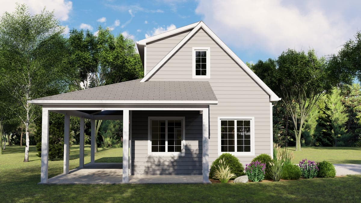 House plan exterior: Two-story Modern Farmhouse with gabled dormer, attached carport, and large picture windows.