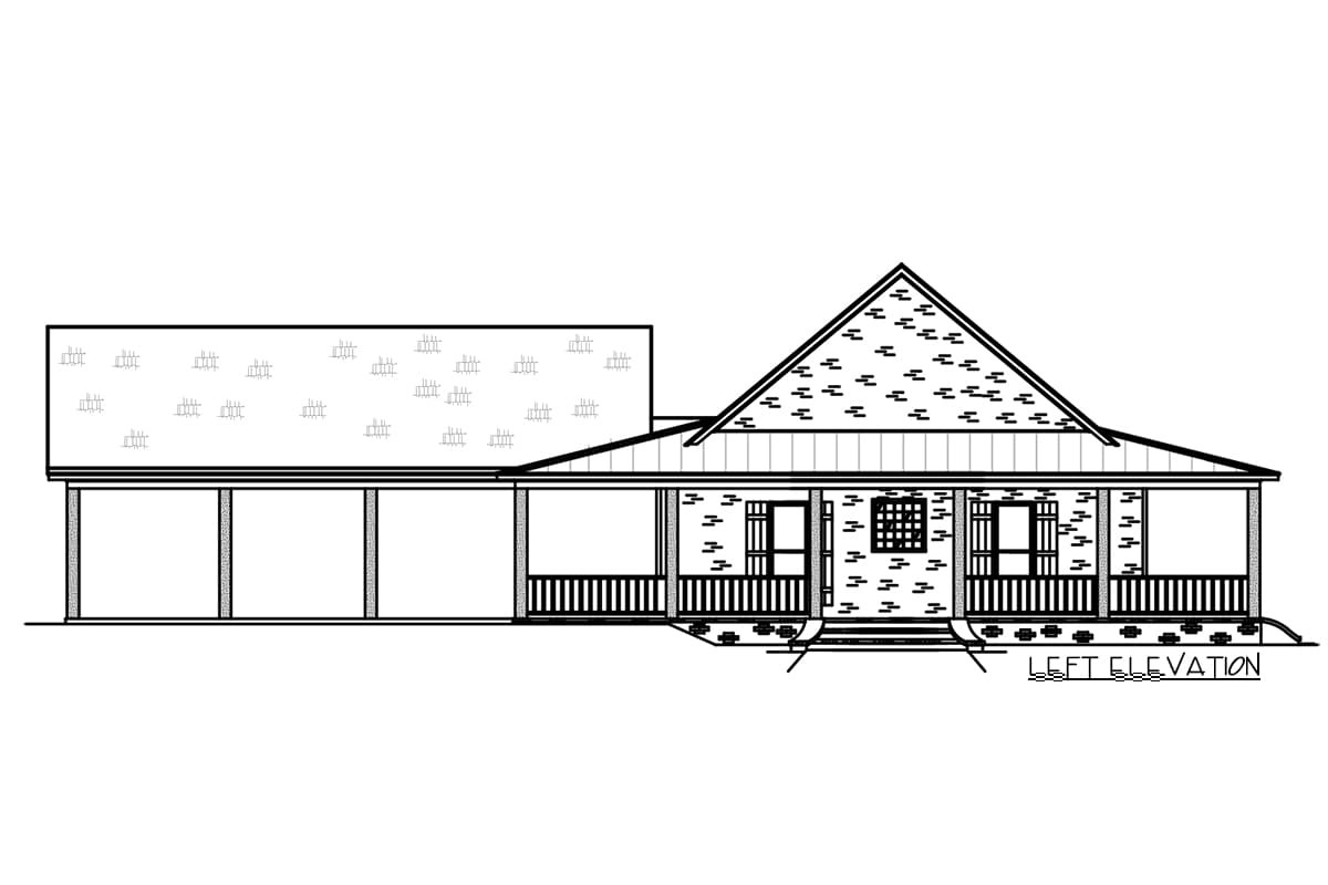 Left elevation house plan showing a one-story structure with a prominent gable, wraparound porch, and multiple windows.