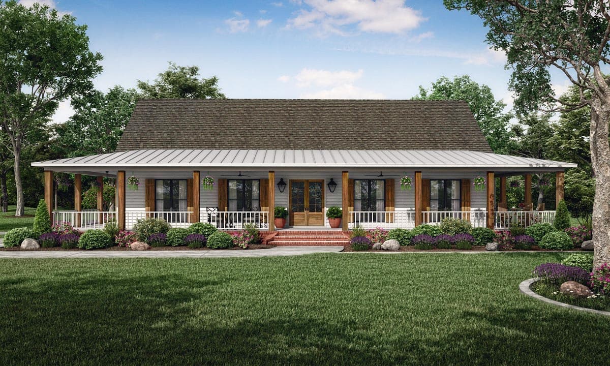 House plan exterior. Farmhouse style, single story home with a wraparound porch supported by wooden columns, gable roof, and shuttered windows.