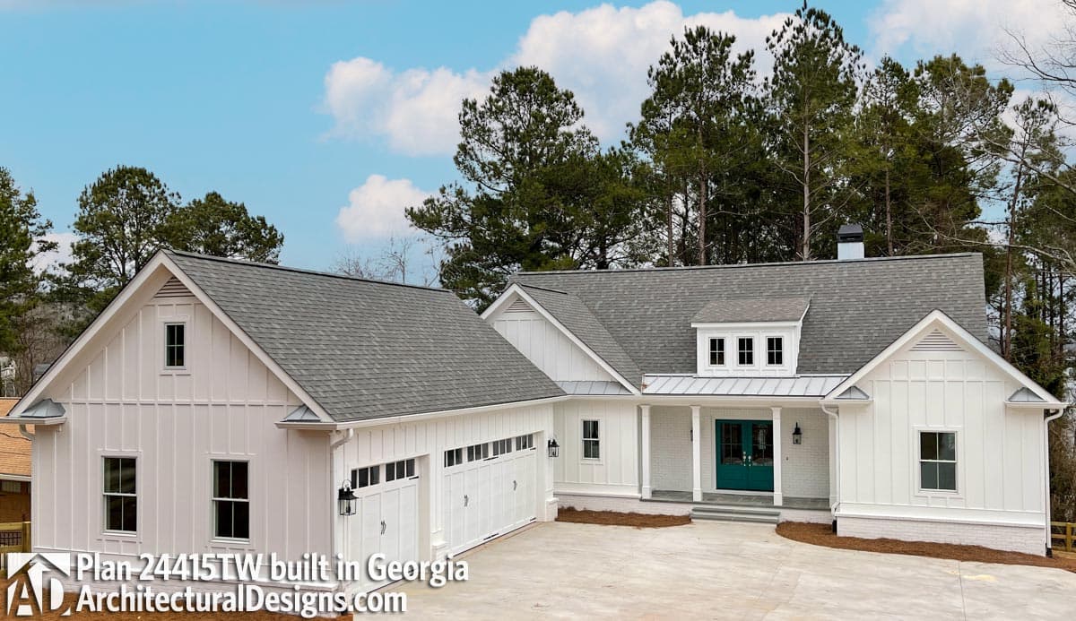 Modern Farmhouse house plan exterior with board and batten siding, gable dormers, a covered porch, and a side-entry garage.