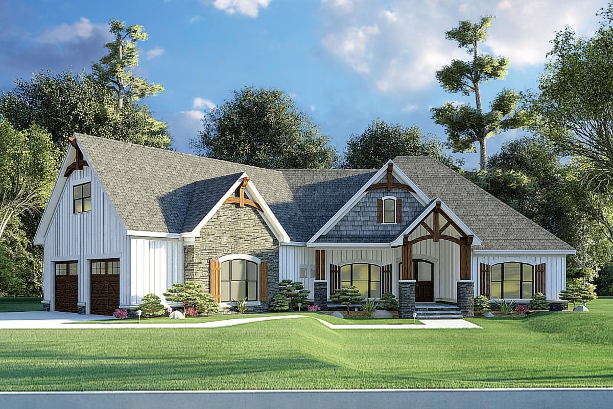 House plan exterior featuring a Craftsman style. The one-story home has a gable roof, covered porch, dormers, and a two-car garage.