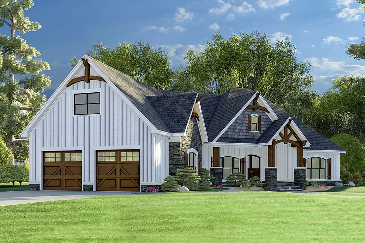 Modern Farmhouse style house plan exterior with two-car garage, stone accents, board and batten siding, and prominent gables.