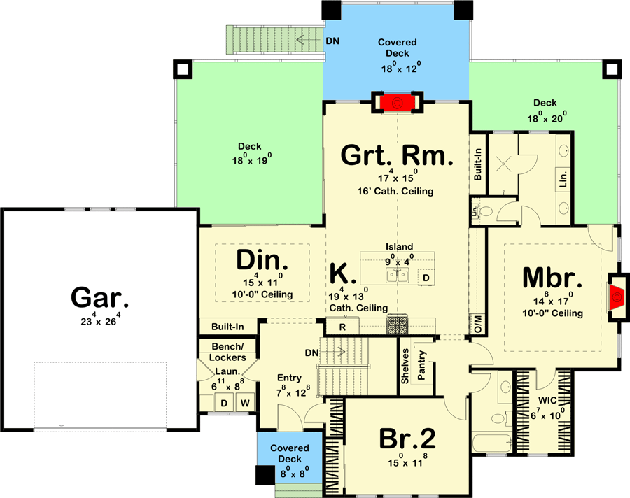 Plan 62323DJ: Lake House Plan with Cathedral Ceilings Above the Open Concept Kitchen and Great Room - Floor Plan - Main Level - Coastal, Craftsman, New American, Ranch, Vacation