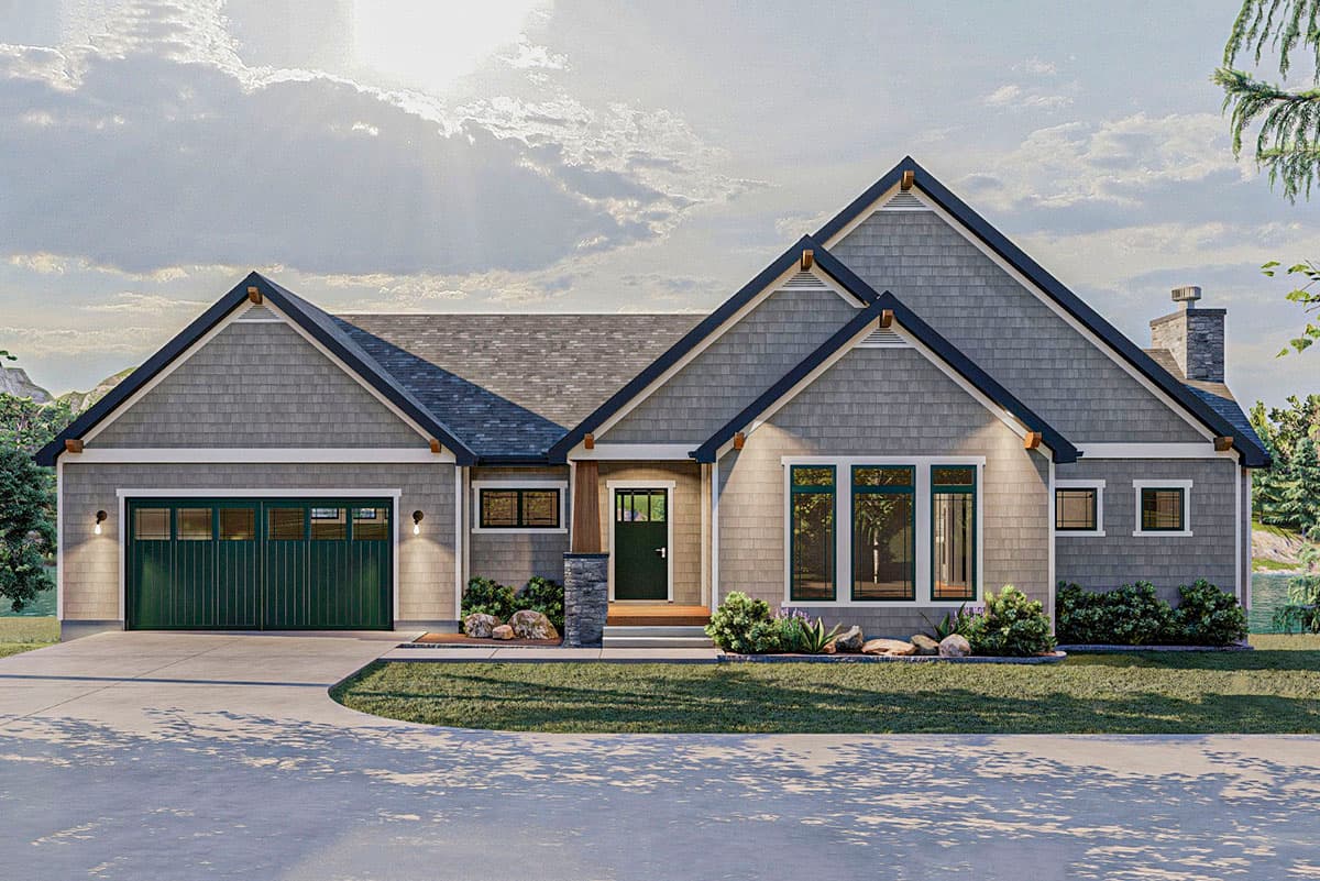 House plan exterior. Craftsman style, one story, with gabled roof, garage, and front porch. Features include a stone accent and multiple windows.