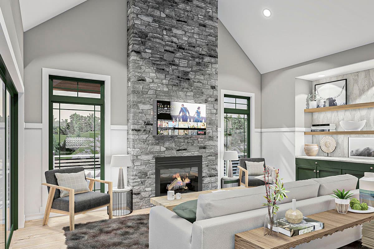 Living room rendering with vaulted ceiling, stone fireplace, media console, and large windows.