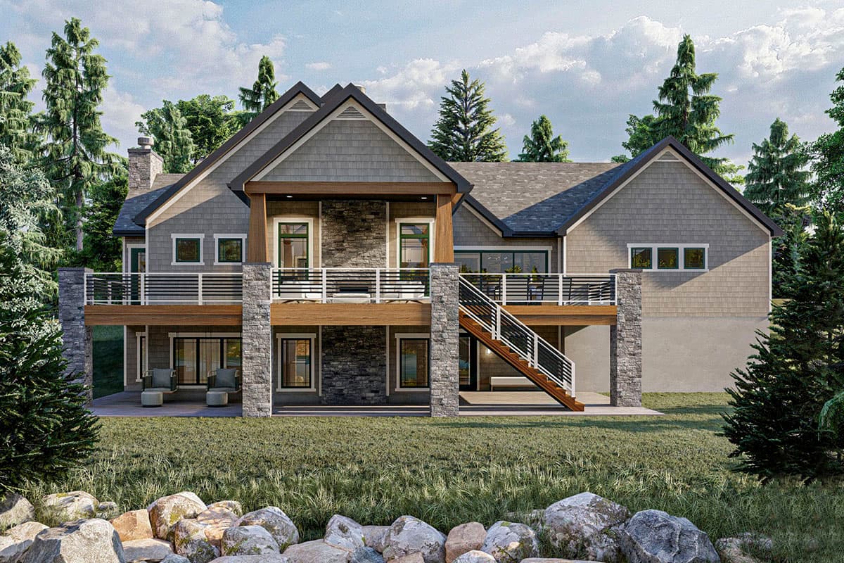 House plan exterior: Two-story modern home with gabled rooflines, stone accents, a wraparound deck, and a walkout basement.