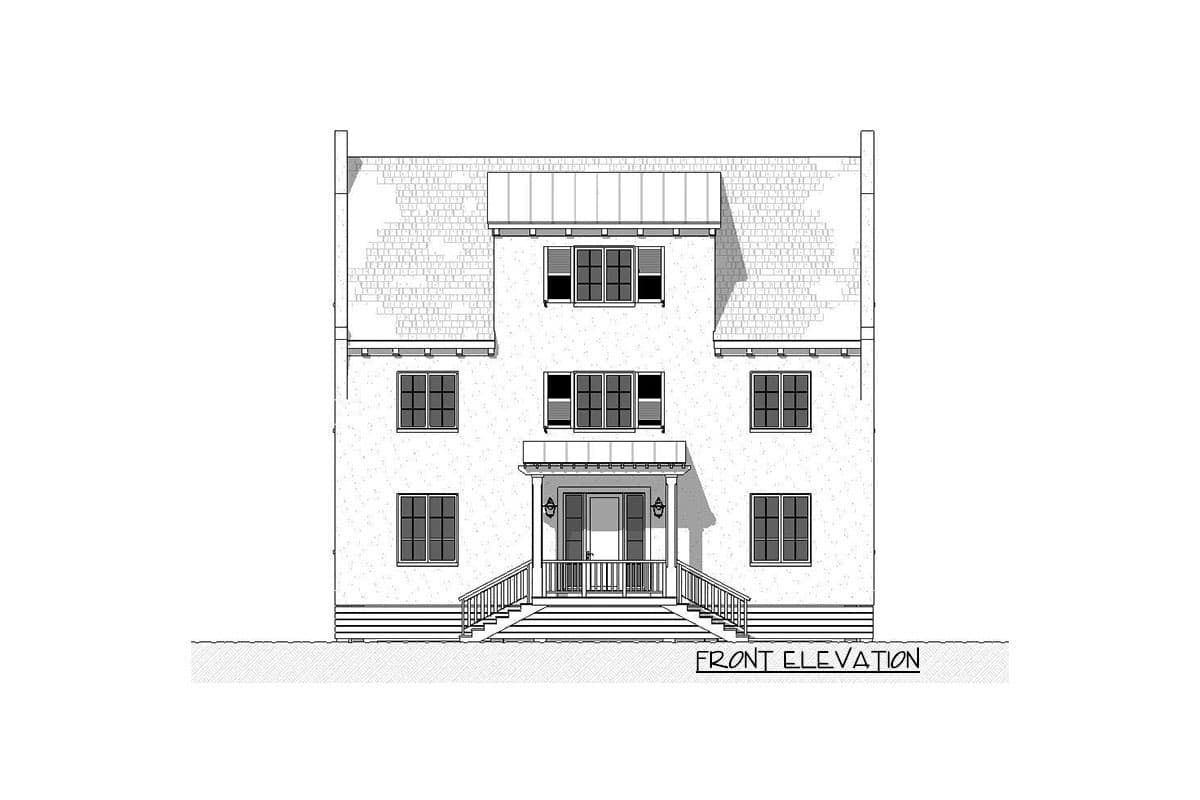 Front elevation drawing of a two-story house with a covered porch, multiple gables, and many windows.