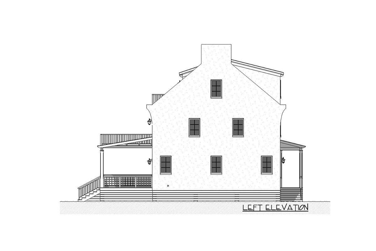 Left elevation house plan showing a three-story building with multiple windows, a prominent chimney, and a covered porch with railings and stairs.