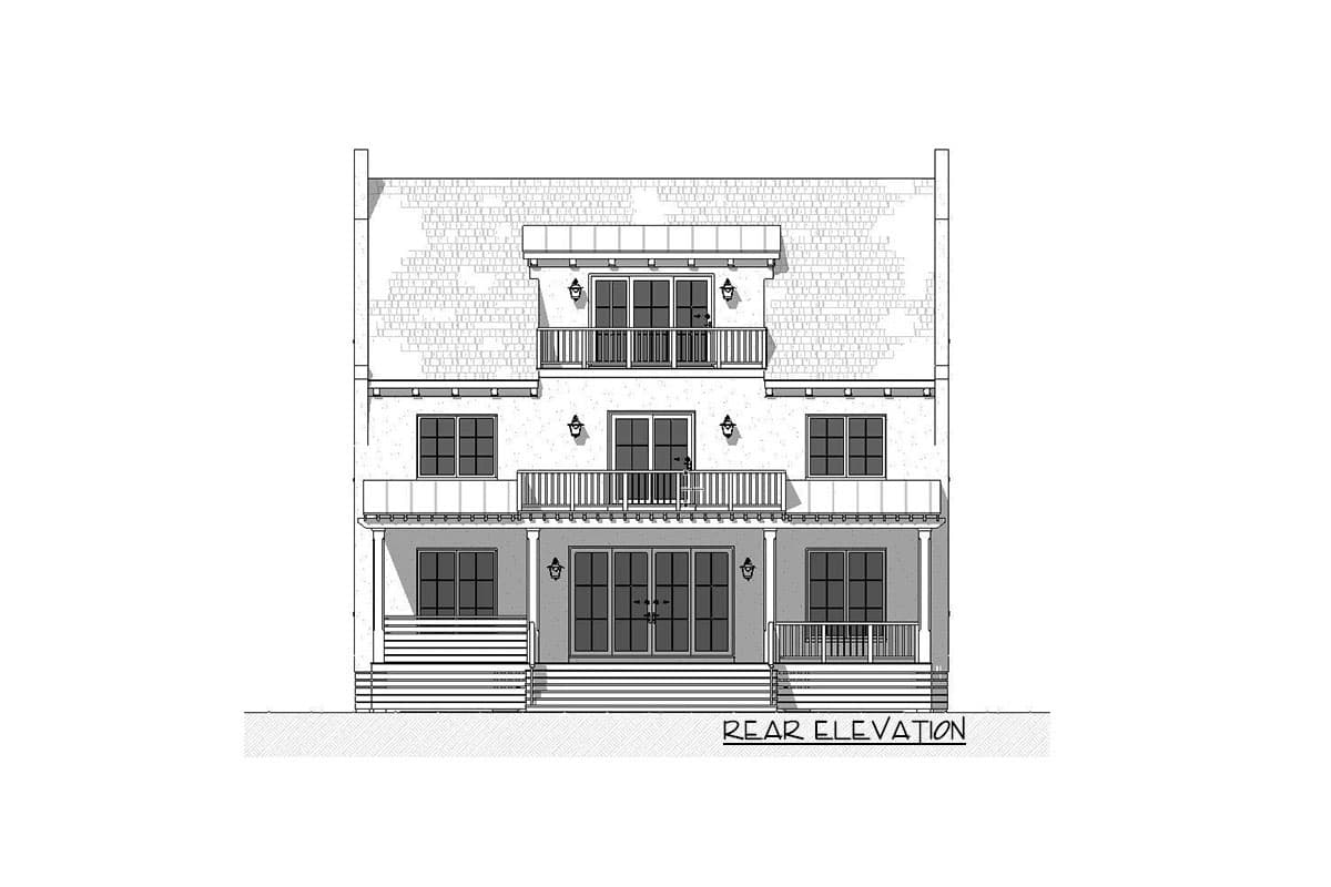 Rear elevation drawing of a house plan with three stories, balconies, and multiple windows.