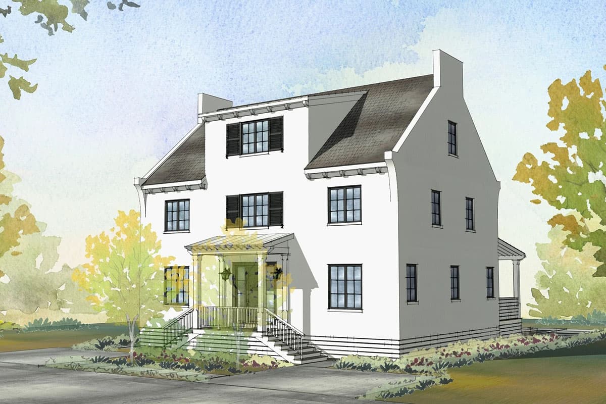 House plan exterior rendering. Two-story Colonial style house with porch, dormers, and gabled roof. Features include black window shutters.