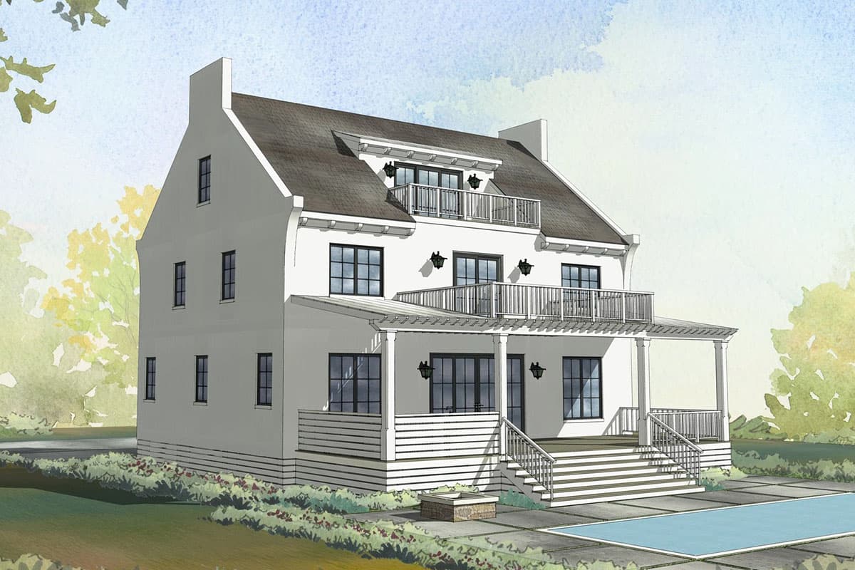 House plan exterior, three stories, white stucco, prominent gables, covered porch with pergolas, and balconies.
