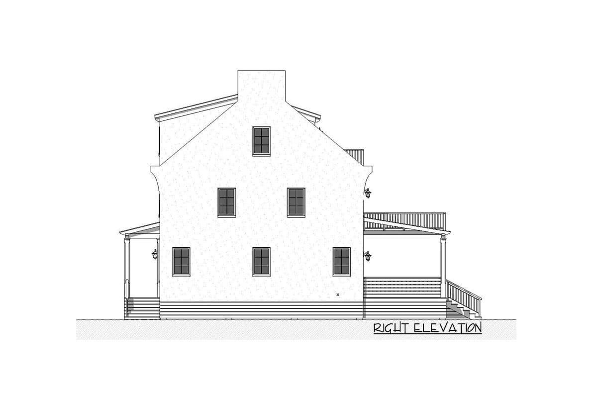 House plan right elevation with dormer windows, gabled roof, covered porch, and upper deck.