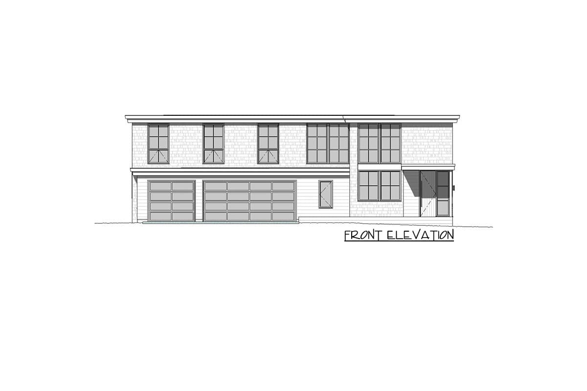Front elevation drawing of a two-story house with two garages, multiple windows, and a covered entrance.