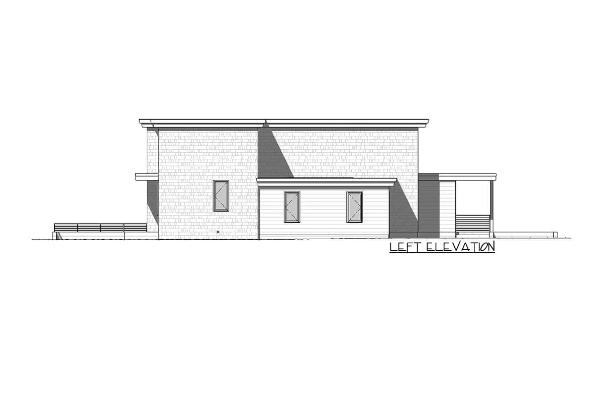 Left elevation drawing of a two-story house plan with a flat roof, horizontal siding, and covered porch.
