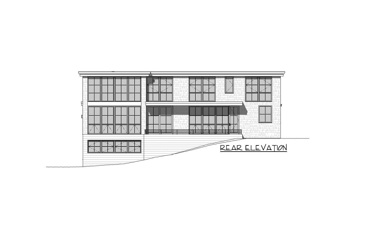 Rear elevation drawing of a multi-story house with numerous large windows and a balcony.