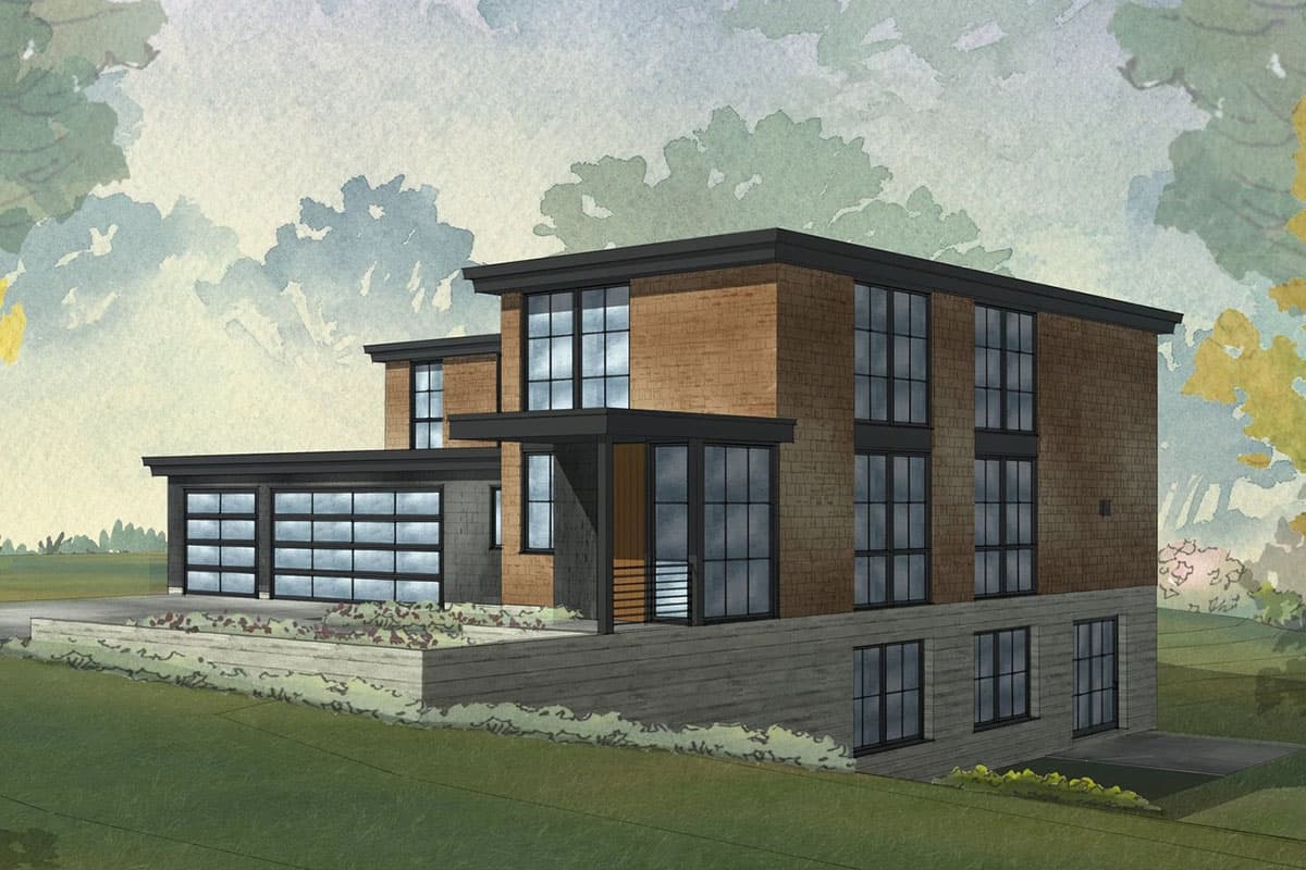 House plan exterior. Modern style, two-story home with flat roof, covered entry, and attached garage. Large windows on both levels.