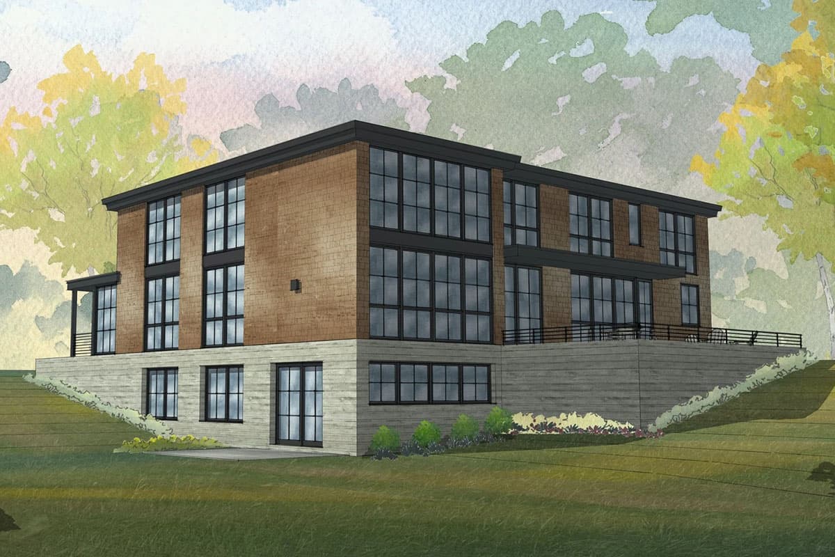 Modern two-story house plan exterior with brick facade, extensive window walls, flat roof, and concrete base.