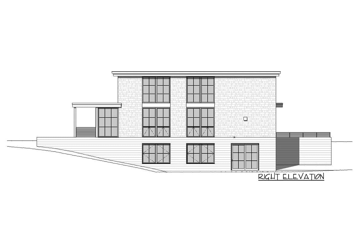 Right elevation of a two-story house plan featuring a brick upper level, numerous windows, a covered patio, and a deck.
