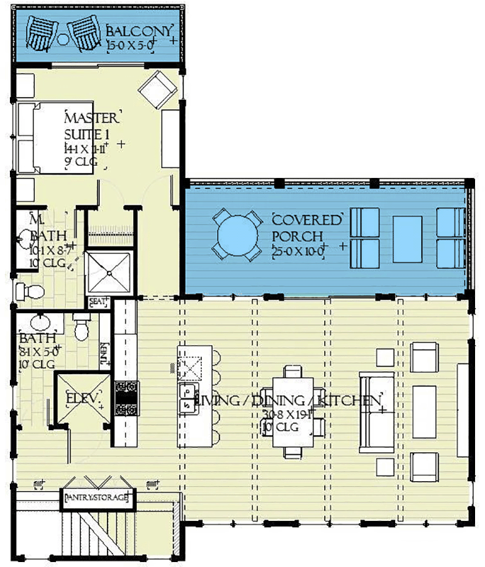 Plan 970090VC: 3-Level Coastal House Plan with Elevator and 2 Bunk Rooms - Floor Plan - Main Level - Beach, Coastal, Low Country
