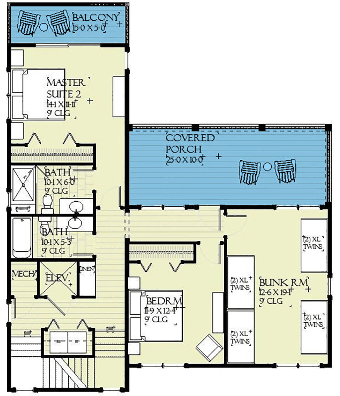 Plan 970090VC: 3-Level Coastal House Plan with Elevator and 2 Bunk Rooms - Floor Plan - 2nd Floor - Beach, Coastal, Low Country