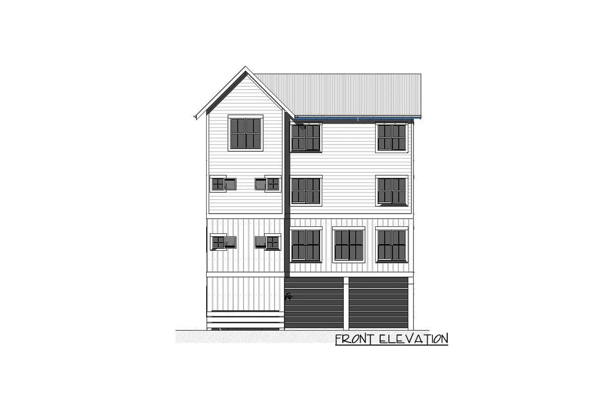 Front elevation drawing of a three-story house with a metal gable roof, multiple windows, and a two-car garage.