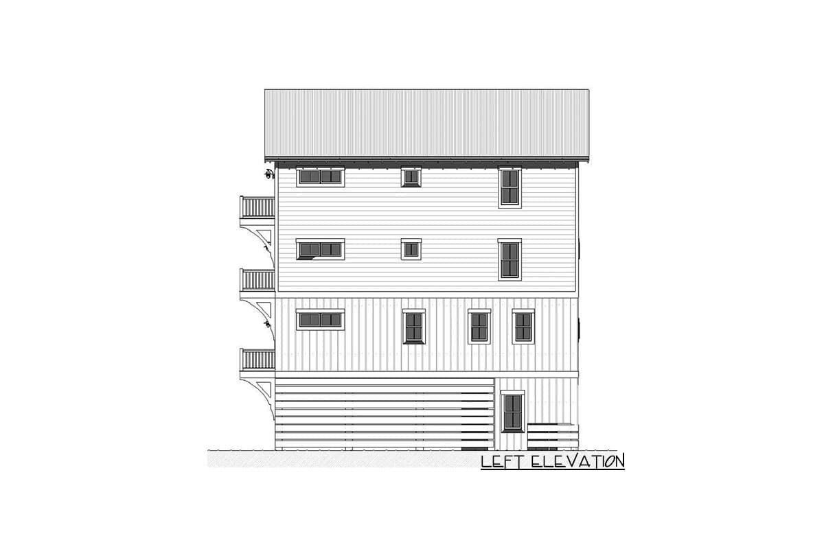 Left elevation drawing of a three-story house plan with horizontal siding, multiple windows, and three balconies.
